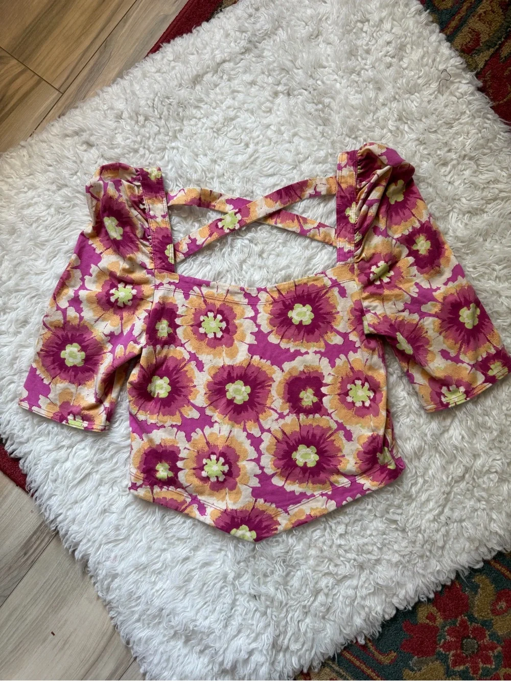 Free People Floral Square Puff Sleeve Give Me More Crop Top Cotton Cottagecore M